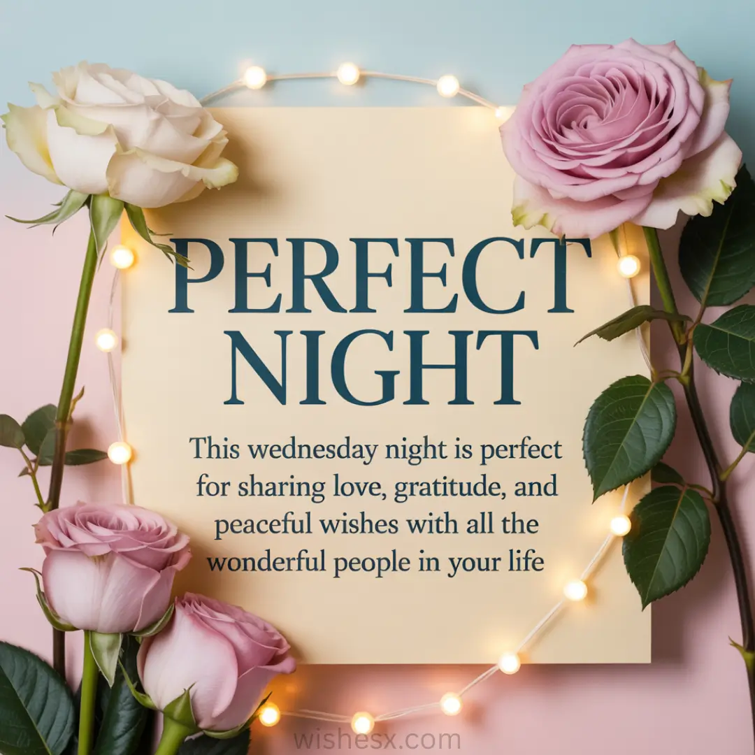 A sign with "PERFECT NIGHT" text, surrounded by white and pink roses, is adorned with warm fairy lights. The tone is romantic and peaceful.