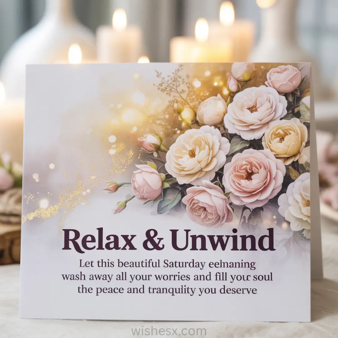 Card with soft pink and white roses and glowing lights, reading "Relax & Unwind." Background features lit candles, conveying tranquility and calm.