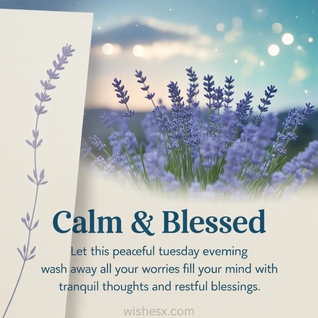 Lavender flowers against a dreamy sky evoke tranquility. Text reads, "Calm & Blessed: Let this peaceful Tuesday evening wash away all your worries."