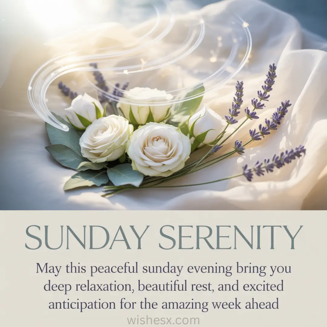 A serene arrangement of white roses and lavender rests on soft fabric, lit by gentle sunlight and swirling light accents. Text: "Sunday Serenity."