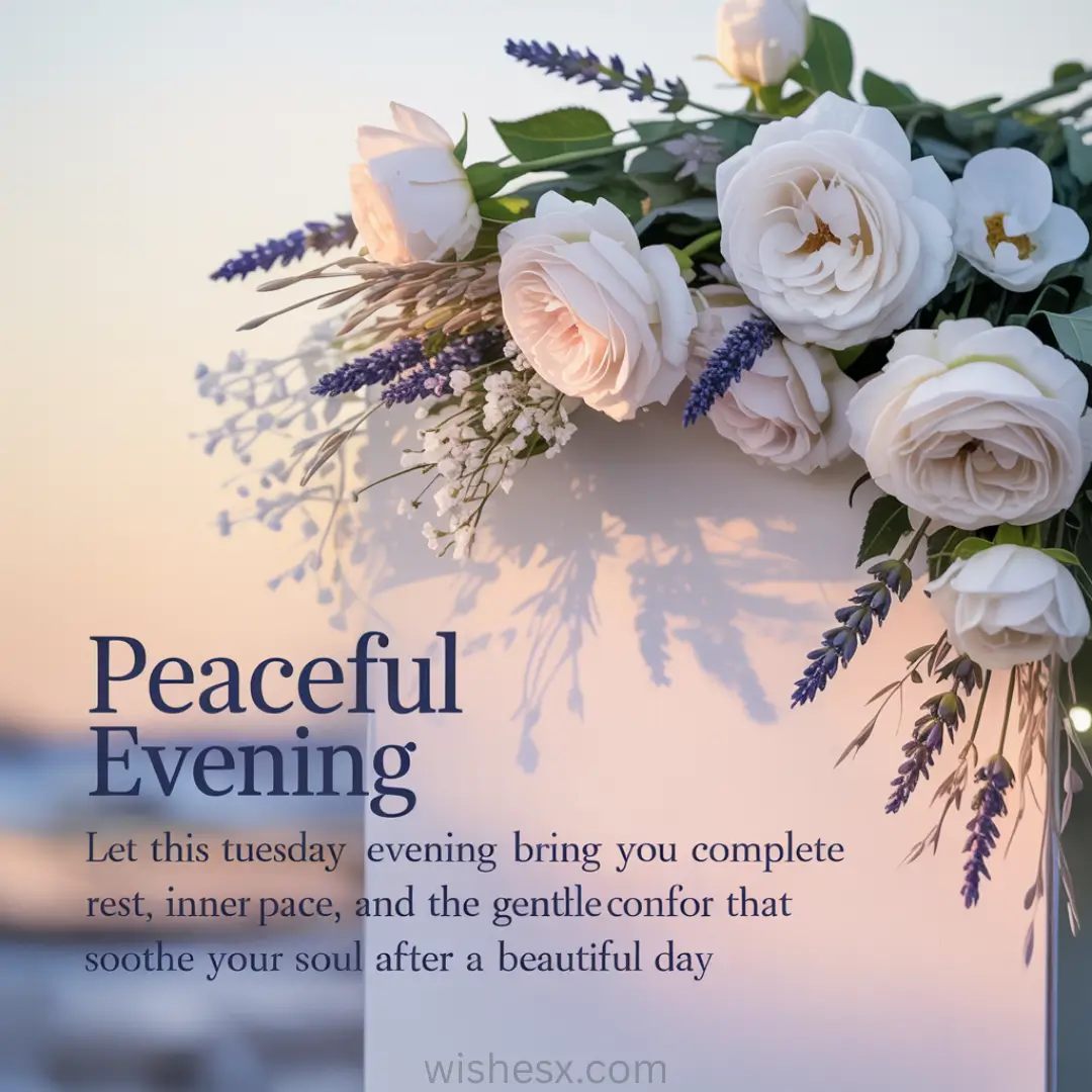 Elegant bouquet of white roses and lavender against a soft sunset. Text reads: "Peaceful Evening" with a calming message about rest and inner peace.