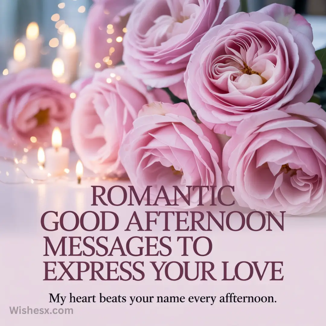Soft pink roses with glowing candles create a romantic setting. Text reads: "Romantic Good Afternoon Messages to Express Your Love."