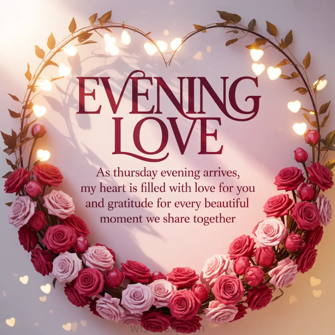 Heart-shaped light frame with roses surrounds the words "Evening Love." A message expresses love and gratitude for shared moments. Warm, romantic tone.