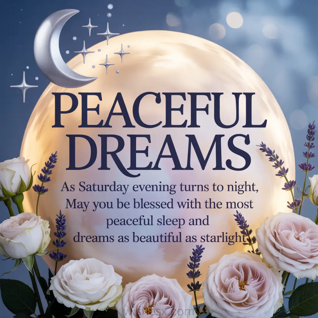 A serene image with a glowing moon, lavender, and white roses. Text reads: "PEACEFUL DREAMS. As Saturday evening turns to night, may you be blessed with the most peaceful sleep and dreams as beautiful as starlight." The tone is calming and dreamy.
