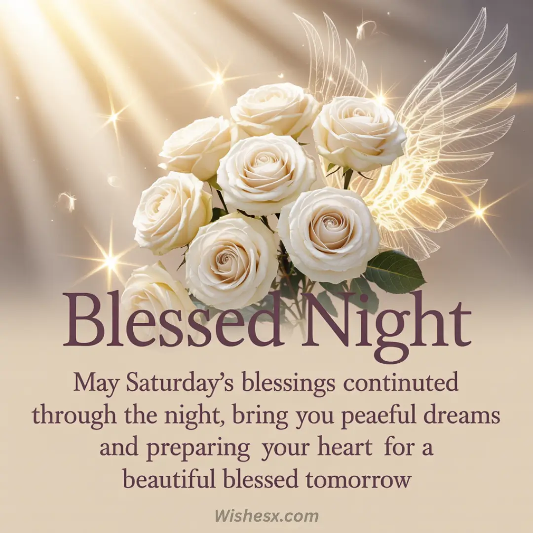 A bouquet of white roses with ethereal wings and golden light rays against a soft background. Text reads, “Blessed Night” and speaks of Saturday’s blessings. Emotive and serene.