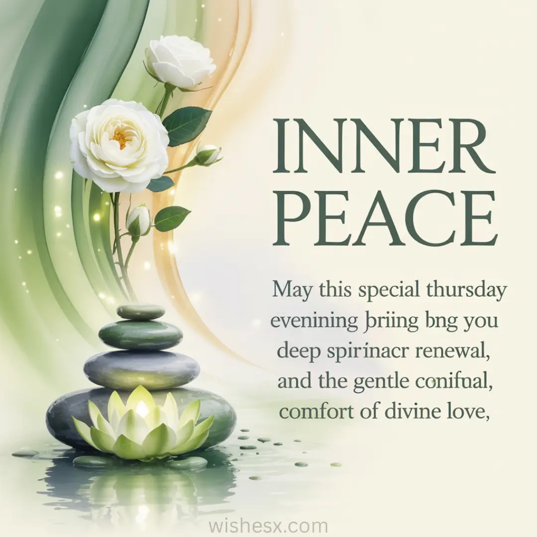 A serene scene with smooth stones stacked beside a glowing lotus and white rose. The words "INNER PEACE" and an inspiring message appear on the right.
