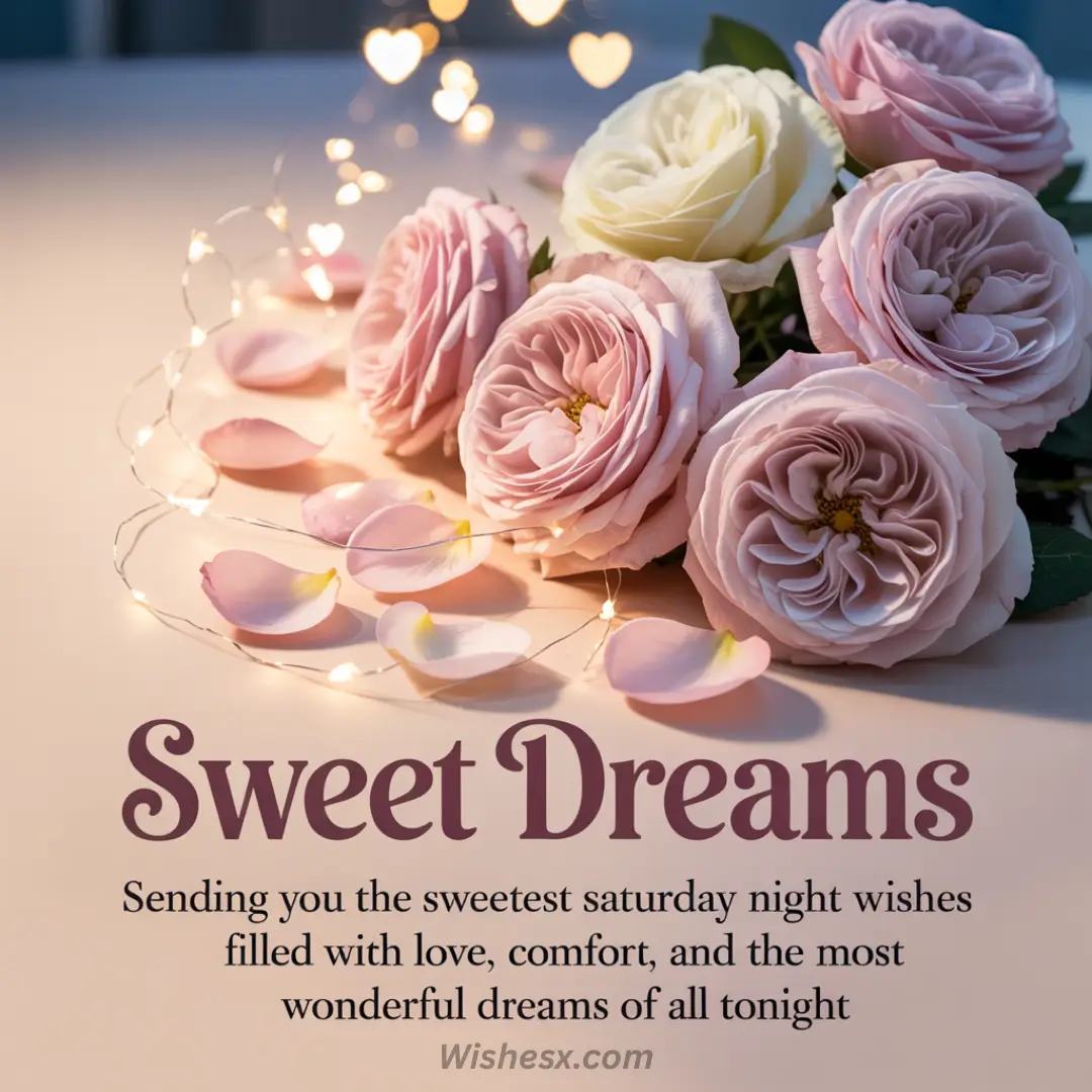 Soft pink roses with delicate petals are surrounded by heart-shaped fairy lights. Text reads "Sweet Dreams," conveying warmth and comfort.