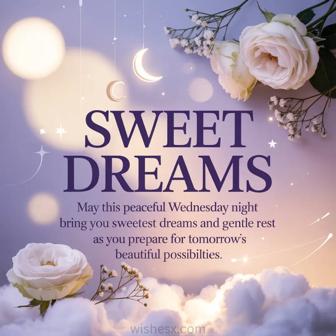 Dreamy night scene with text "Sweet Dreams" over soft clouds, crescent moons, and glowing stars. White roses add a serene, peaceful ambiance.