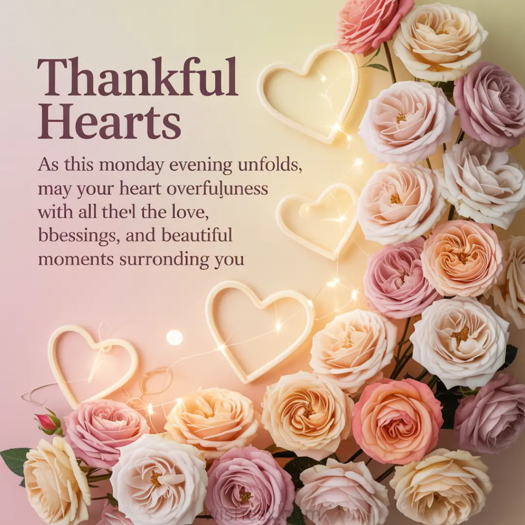 Pastel roses and glowing hearts with the text "Thankful Hearts" and a heartfelt message. Soft, warm tones convey a sense of gratitude and love.