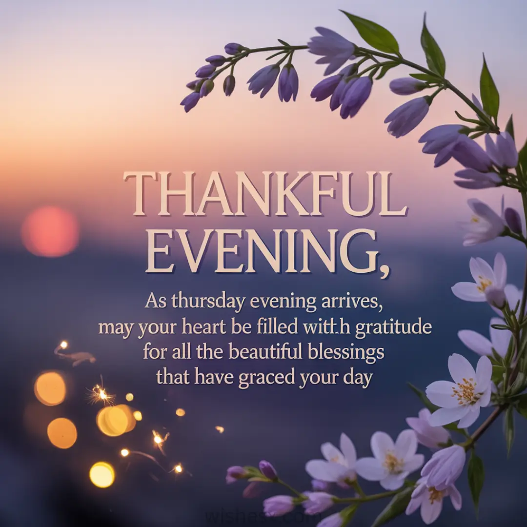 Purple flowers against a sunset sky with warm, glowing lights. Text: "Thankful Evening. As Thursday evening arrives, may your heart be filled with gratitude." Atmosphere is serene.