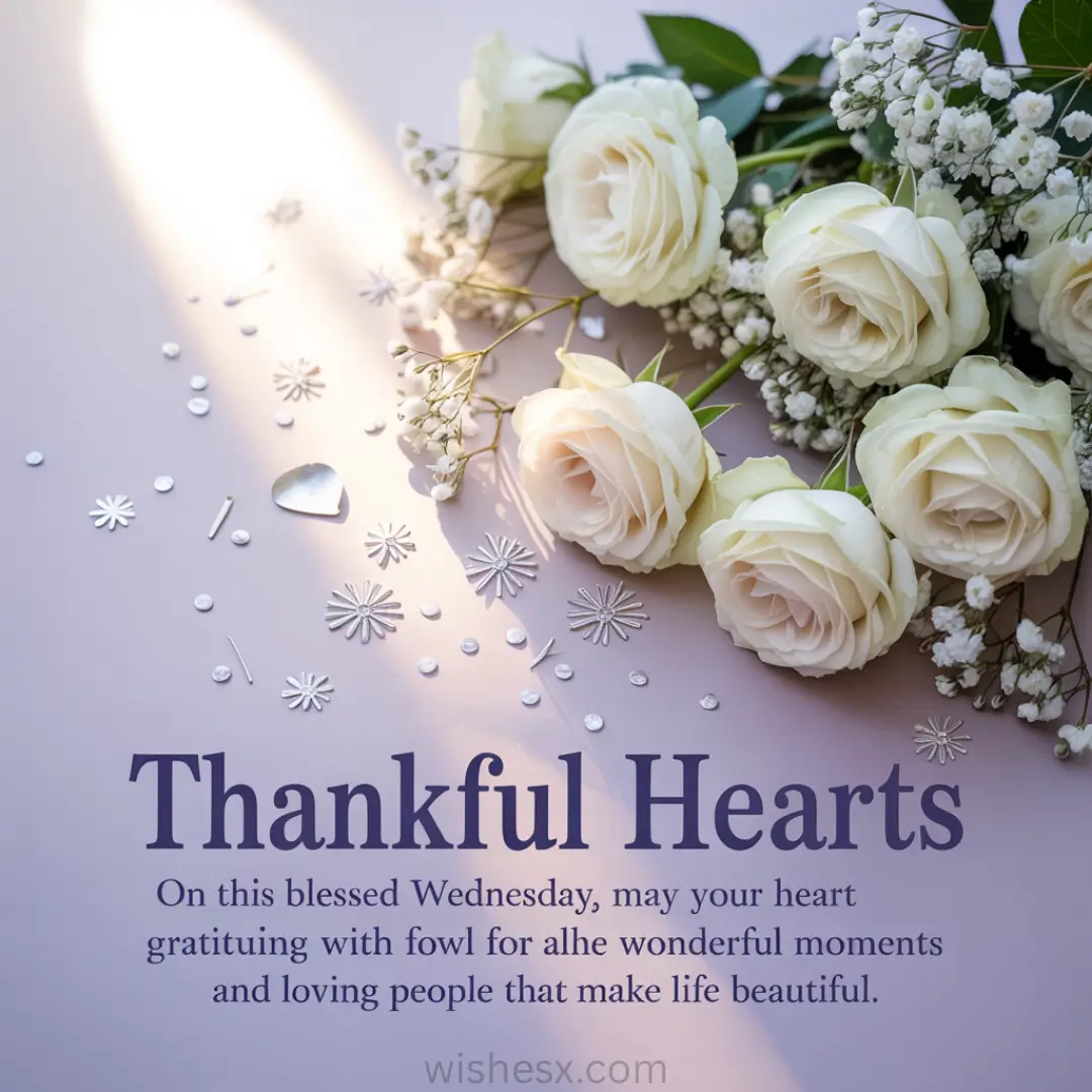 White roses and baby's breath lay on a soft pink background, surrounded by small decorative elements. Text reads: "Thankful Hearts." The tone is peaceful.