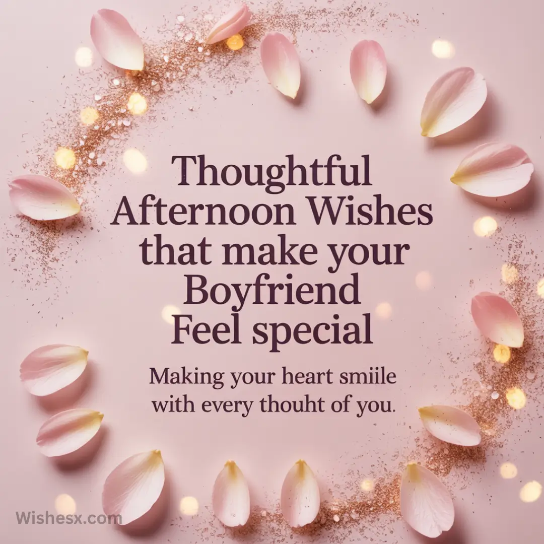 Pink background with scattered rose petals and a subtle glitter swirl. Text reads: "Thoughtful Afternoon Wishes that make your Boyfriend Feel special."