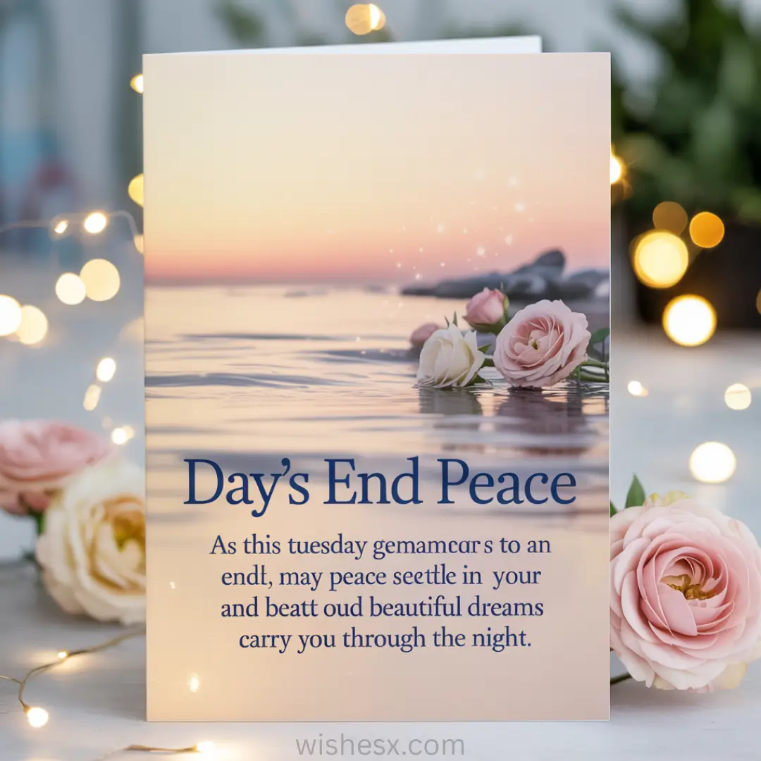 Greeting card with roses floating on calm water at sunset. Text reads "Day's End Peace" with a comforting message. Warm, serene atmosphere.