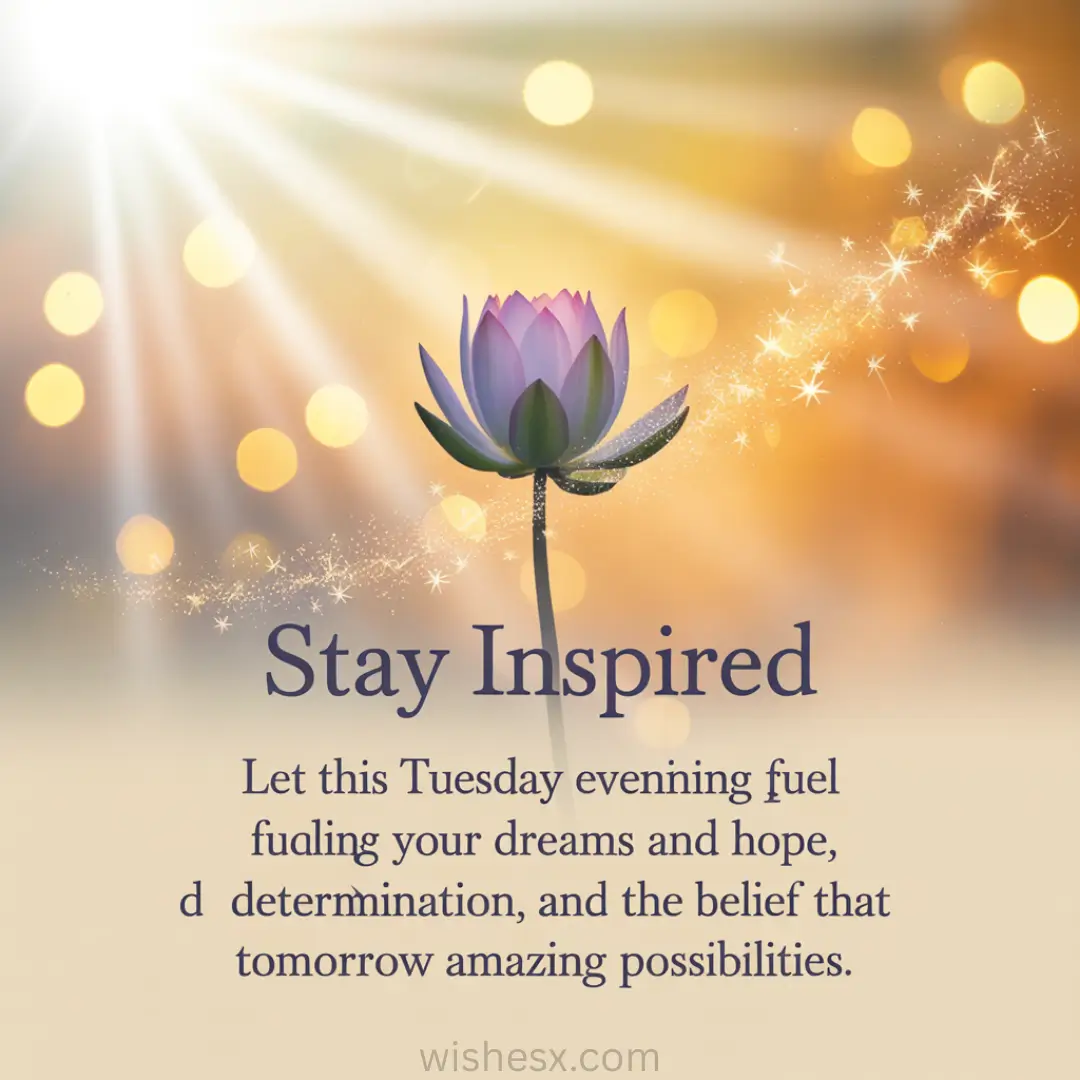 Lotus flower with sparkling background radiates warmth. Text reads, "Stay Inspired," promoting hope and determination for Tuesday evening.