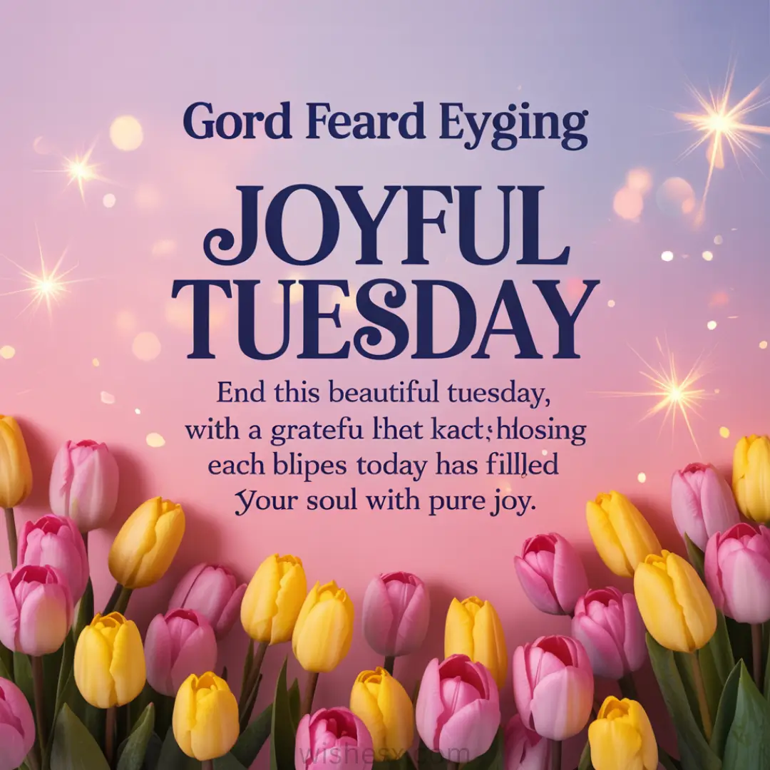 A bouquet of pink and yellow tulips against a soft purple and pink gradient background with bokeh lights. Bold text reads “Joyful Tuesday.”