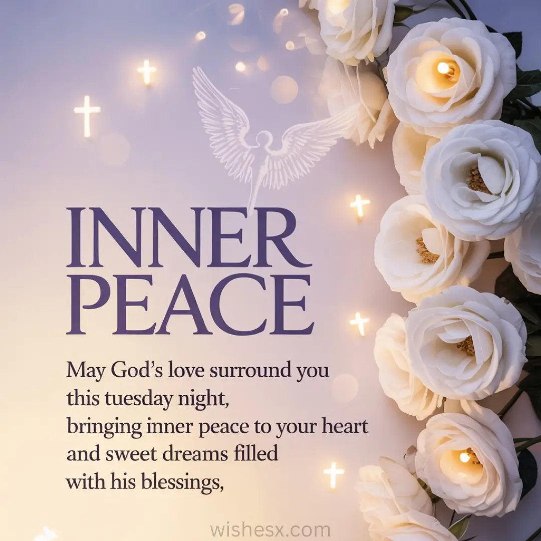 White roses with glowing centers frame a serene message about inner peace. Soft light, crosses, and an angel suggest calmness and spirituality.