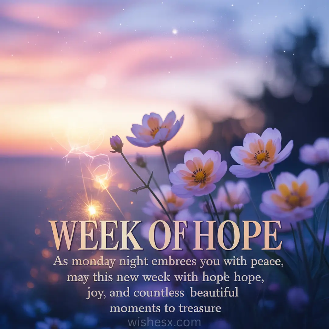 Soft pastel sunset over a field of delicate daisies. Text: "Week of Hope" with a hopeful message below, conveying peace and joy for the week ahead.