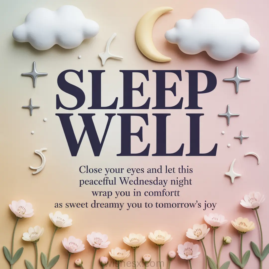 Alt text: "A serene image with fluffy clouds, a crescent moon, and stars on a pastel pink background. Below, flowers frame the words 'Sleep Well' in bold."