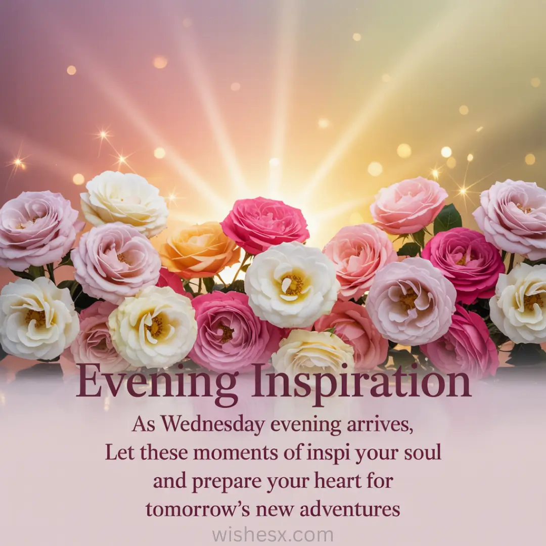A bouquet of pastel roses set against a radiant sunset sky, with glowing stars. Text reads, "Evening Inspiration," conveying warmth and tranquility.