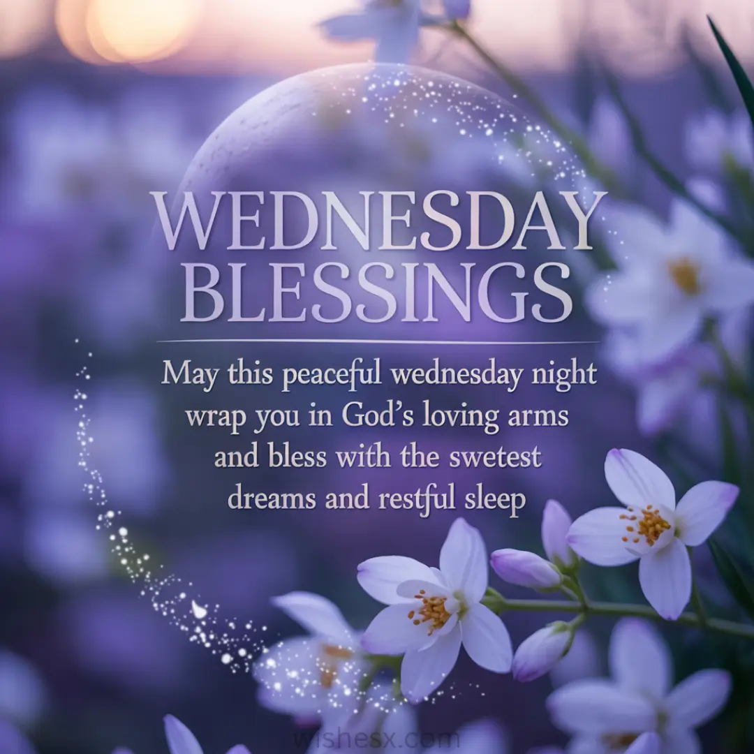 Blurred image of white flowers in foreground with text: "Wednesday Blessings. May this peaceful Wednesday night wrap you in God's loving arms." Soft purple background.