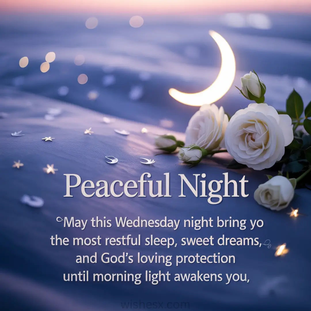 A serene image with a glowing crescent moon on a soft blue background. White roses and star-shaped confetti add a tranquil feel. Text reads, "Peaceful Night," wishing restful sleep and protection.