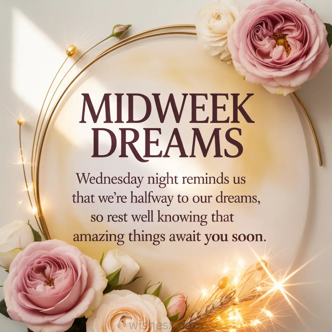 Elegant "Midweek Dreams" text on a soft background with golden light and pink roses. Inspiring message about Wednesday nights and dreams. Warm, hopeful tone.