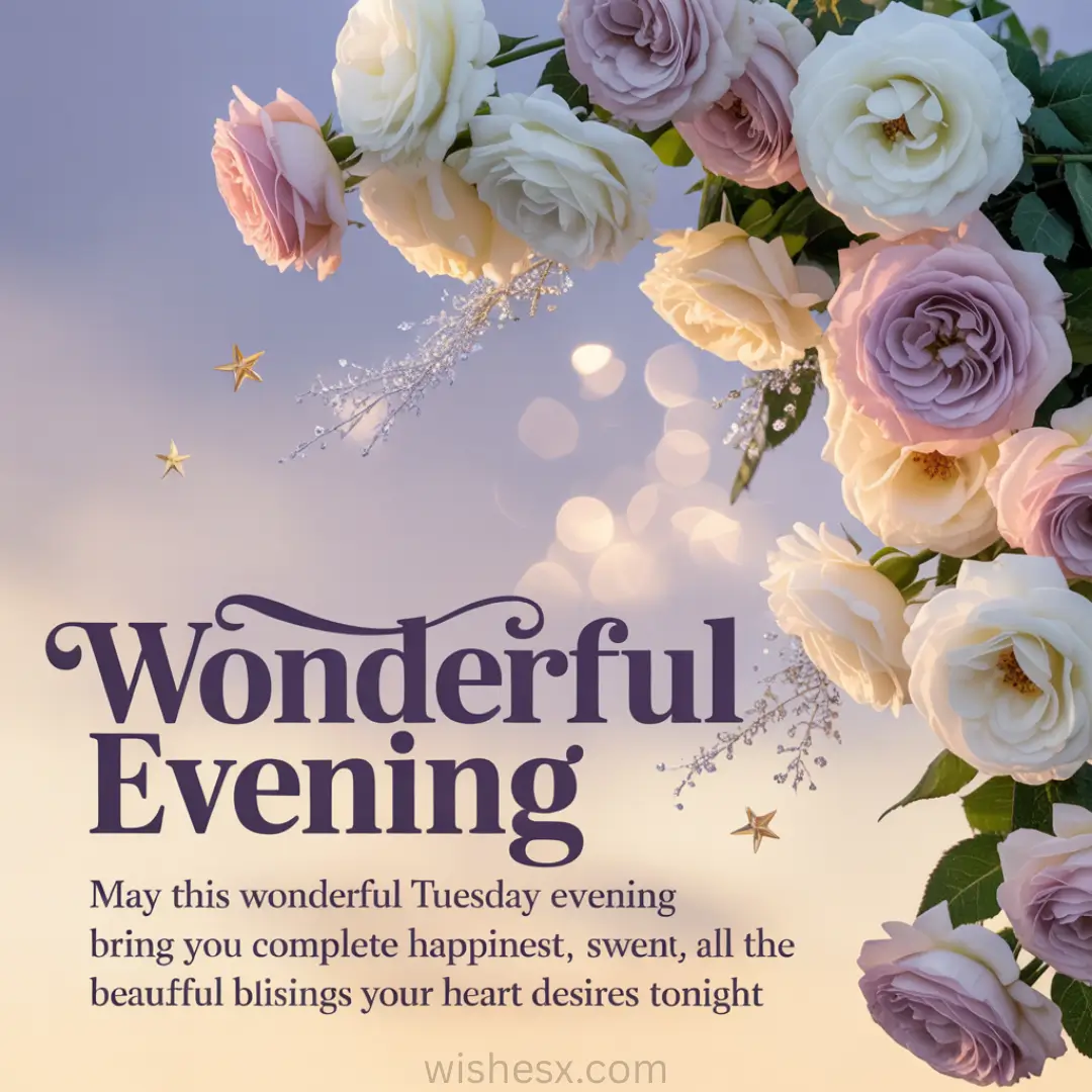 A bouquet of white and lavender roses with gold stars on a soft pastel sky background. Text reads "Wonderful Evening" and a Tuesday evening wish.